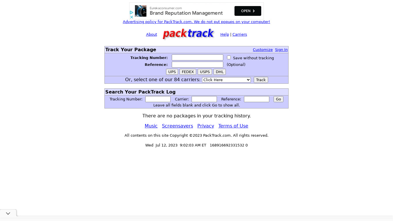 packtrack Landing page