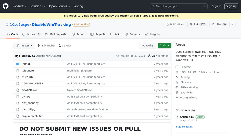 DisableWinTracking Landing Page