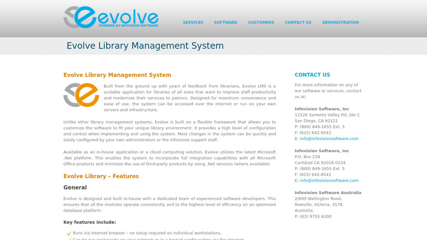 infovisionsoftware.com Evolve Library Landing Page