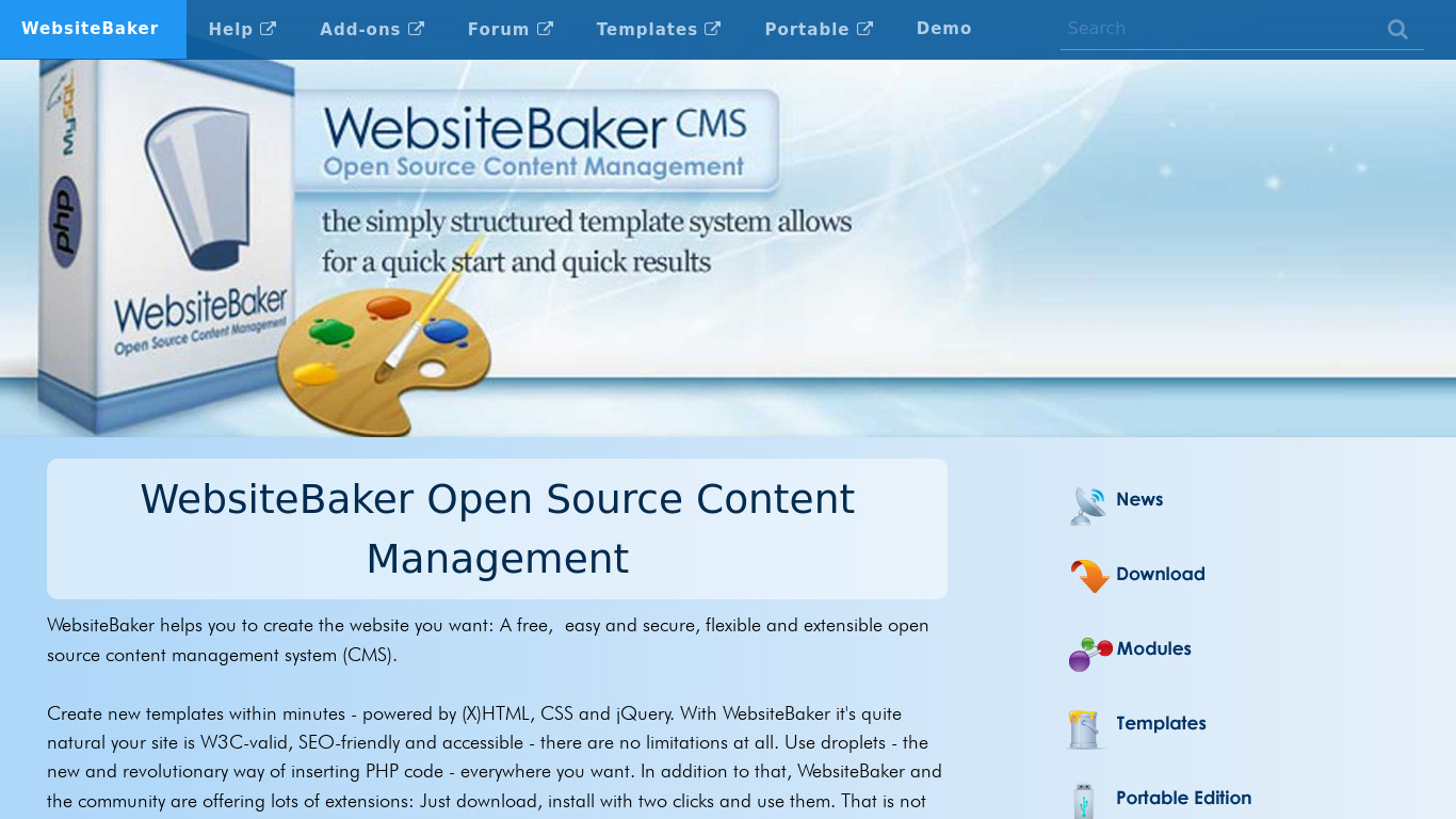 WebsiteBaker Landing page
