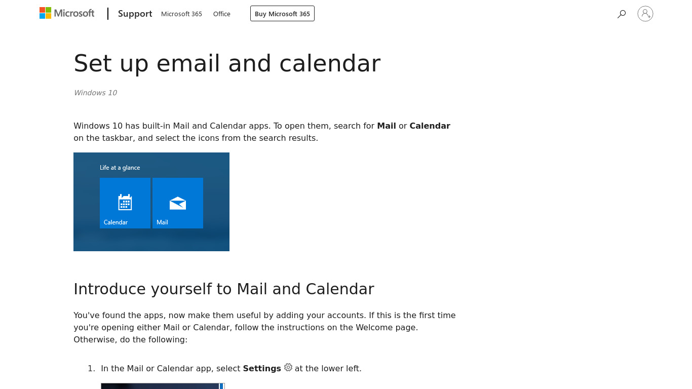 Microsoft Mail and Calendar Landing page