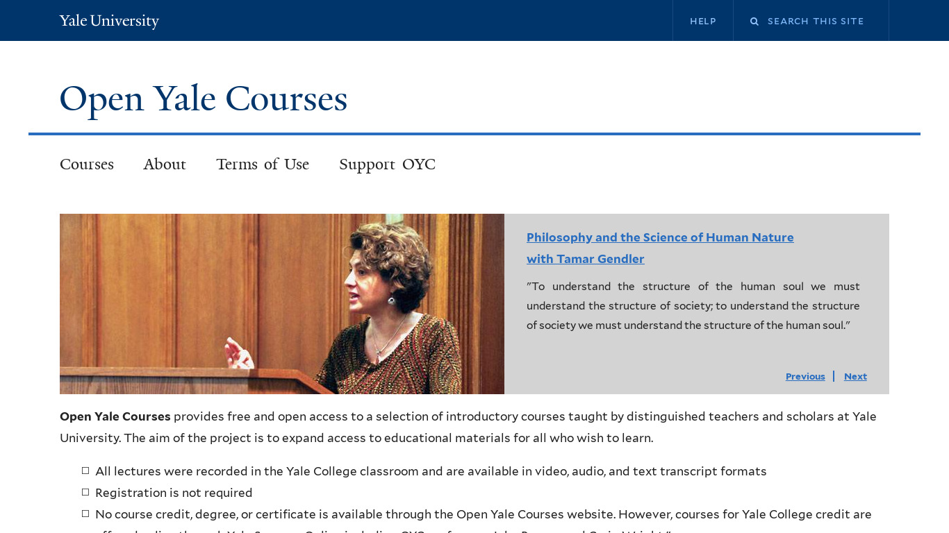 Open Yale Courses Landing page