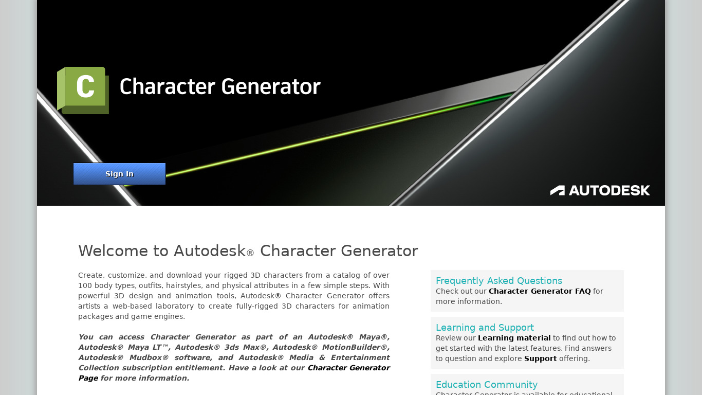 Autodesk Character Generator Landing page