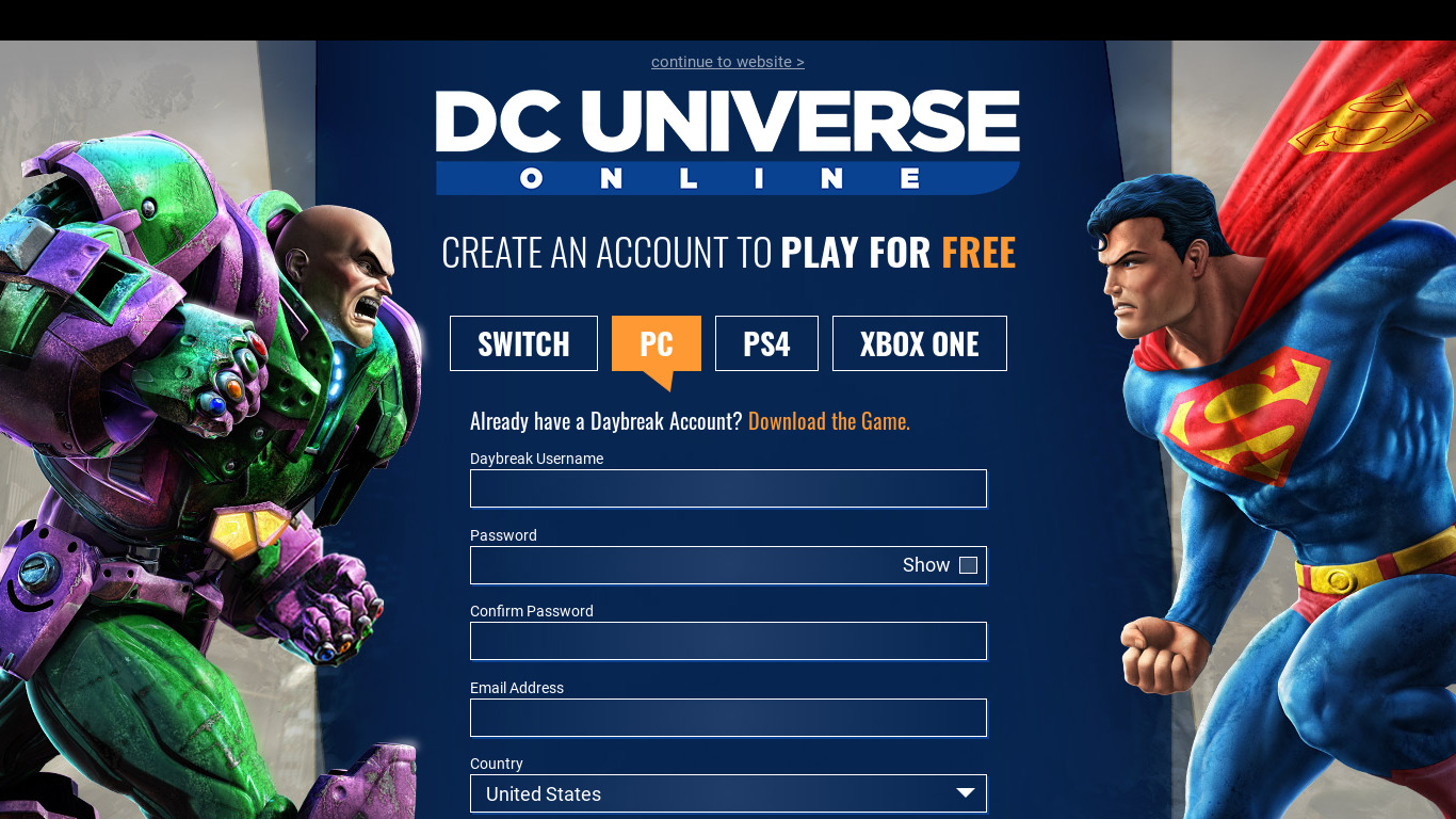 DC Universe Online Landing page