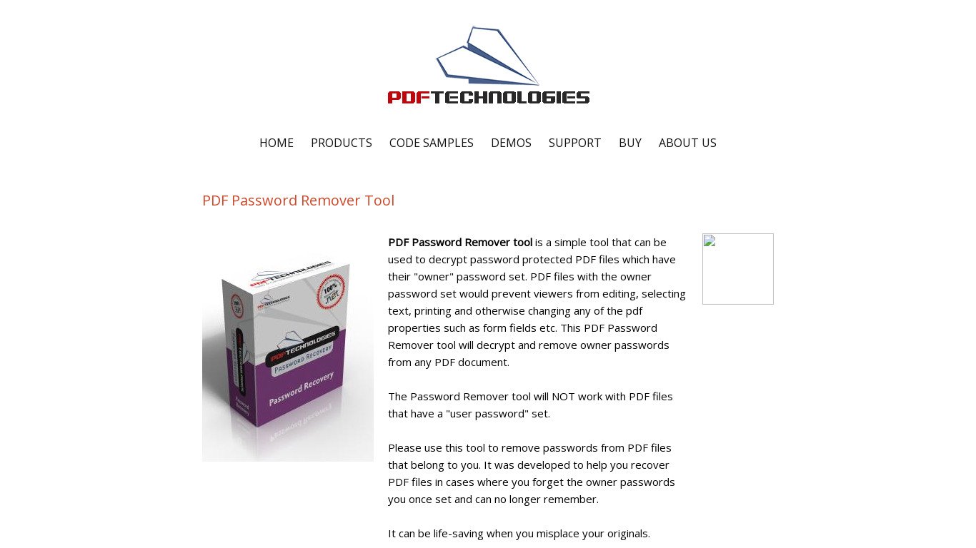 PDF Password Remover Tool Landing page