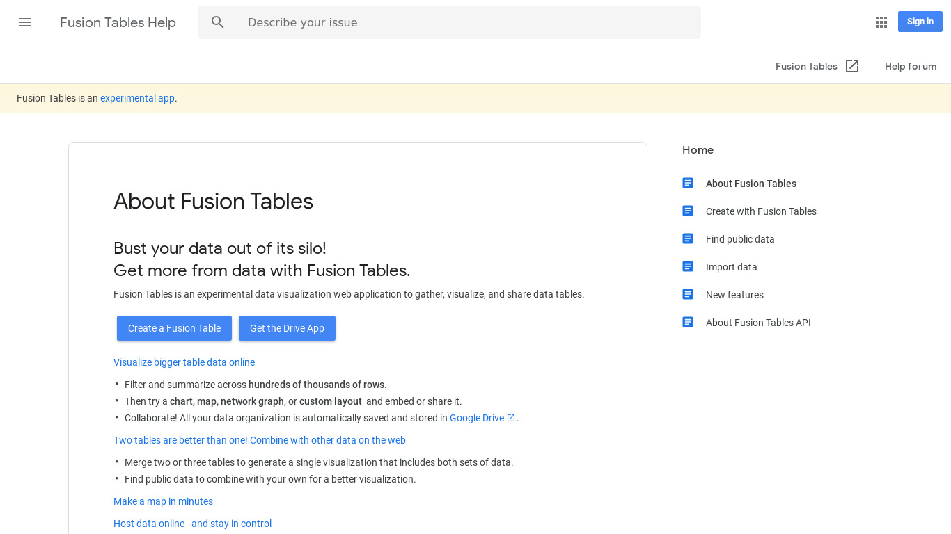 Google Fusion Tables Landing page
