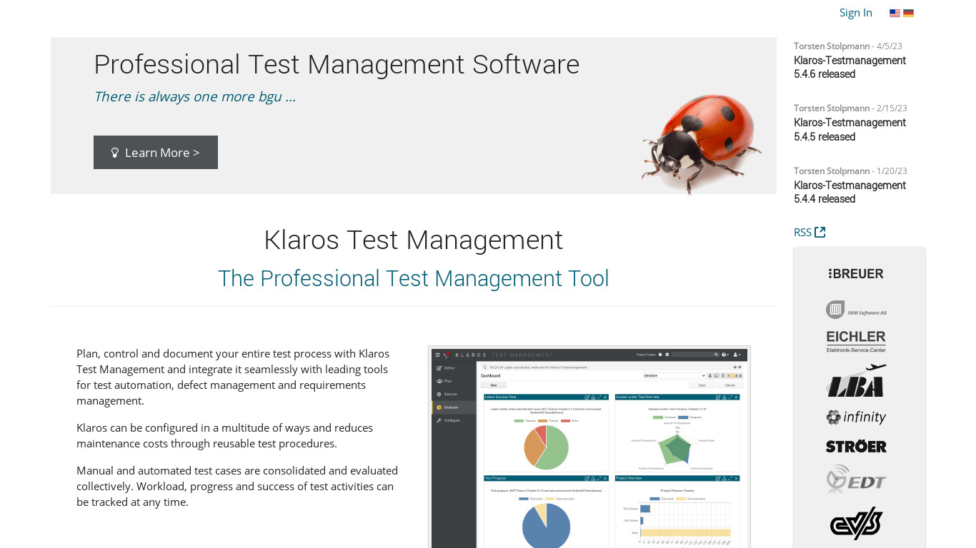 Klaros-Testmanagement Landing page