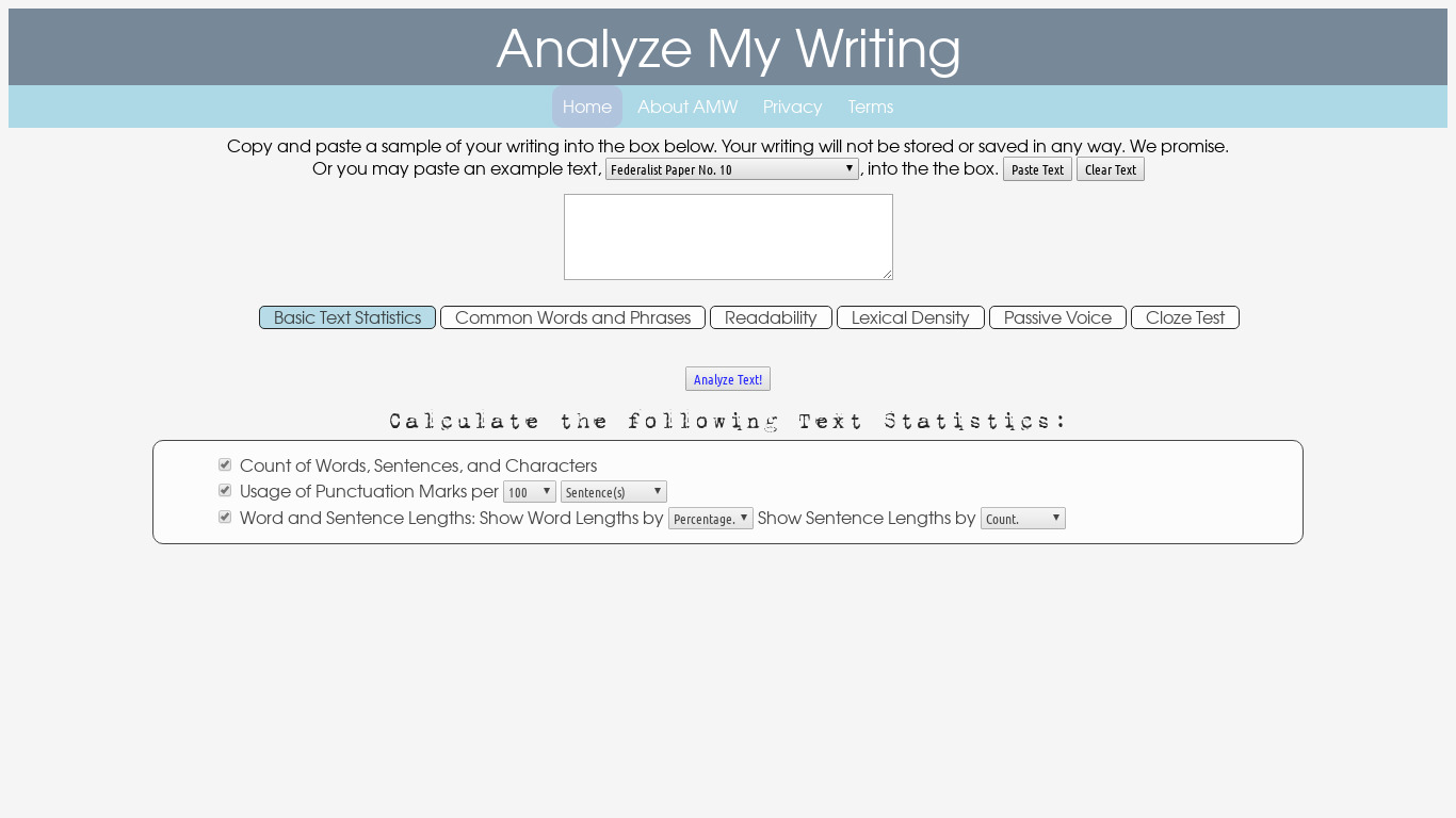 Analyze My Writing Landing page
