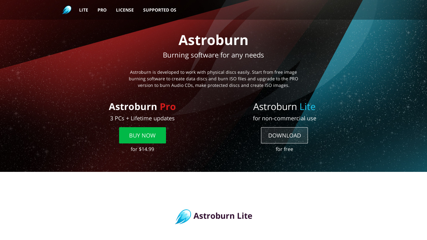 Astroburn Landing page
