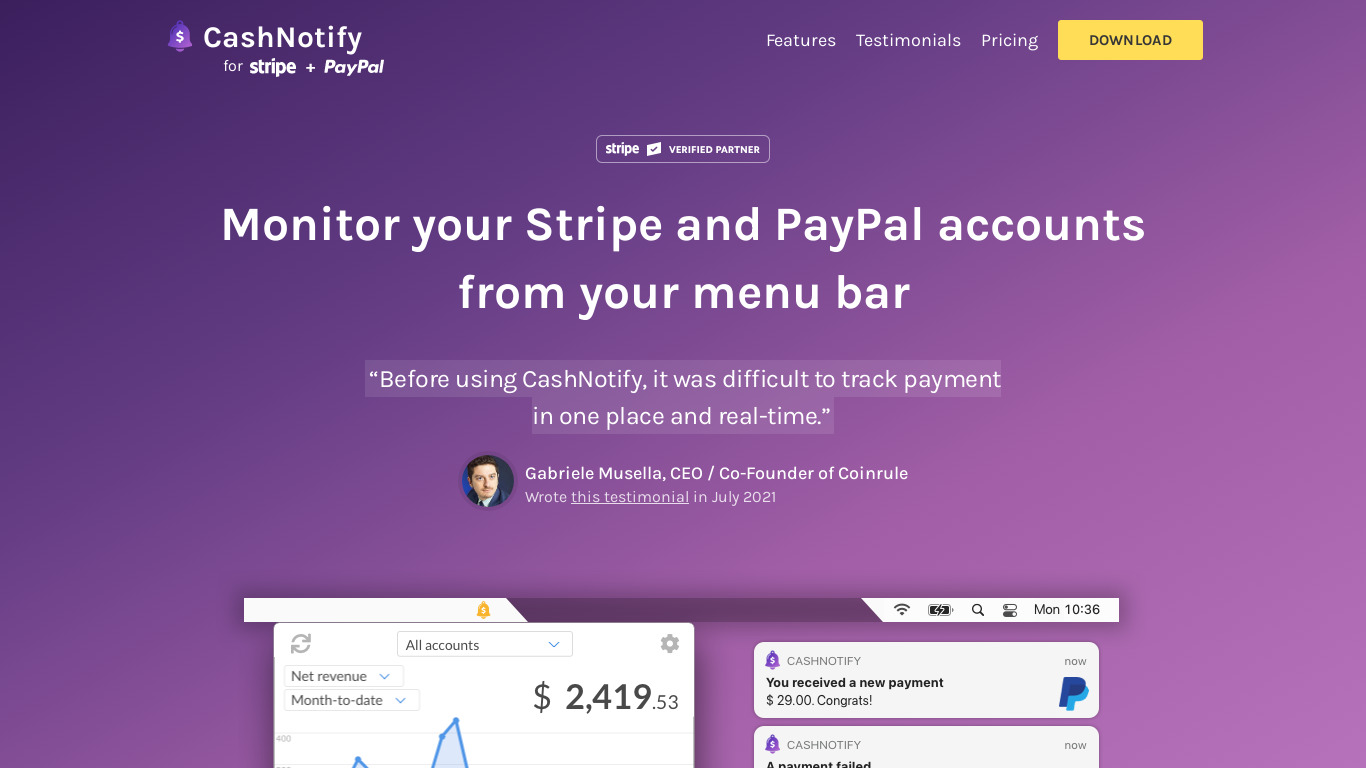 CashNotify Landing page