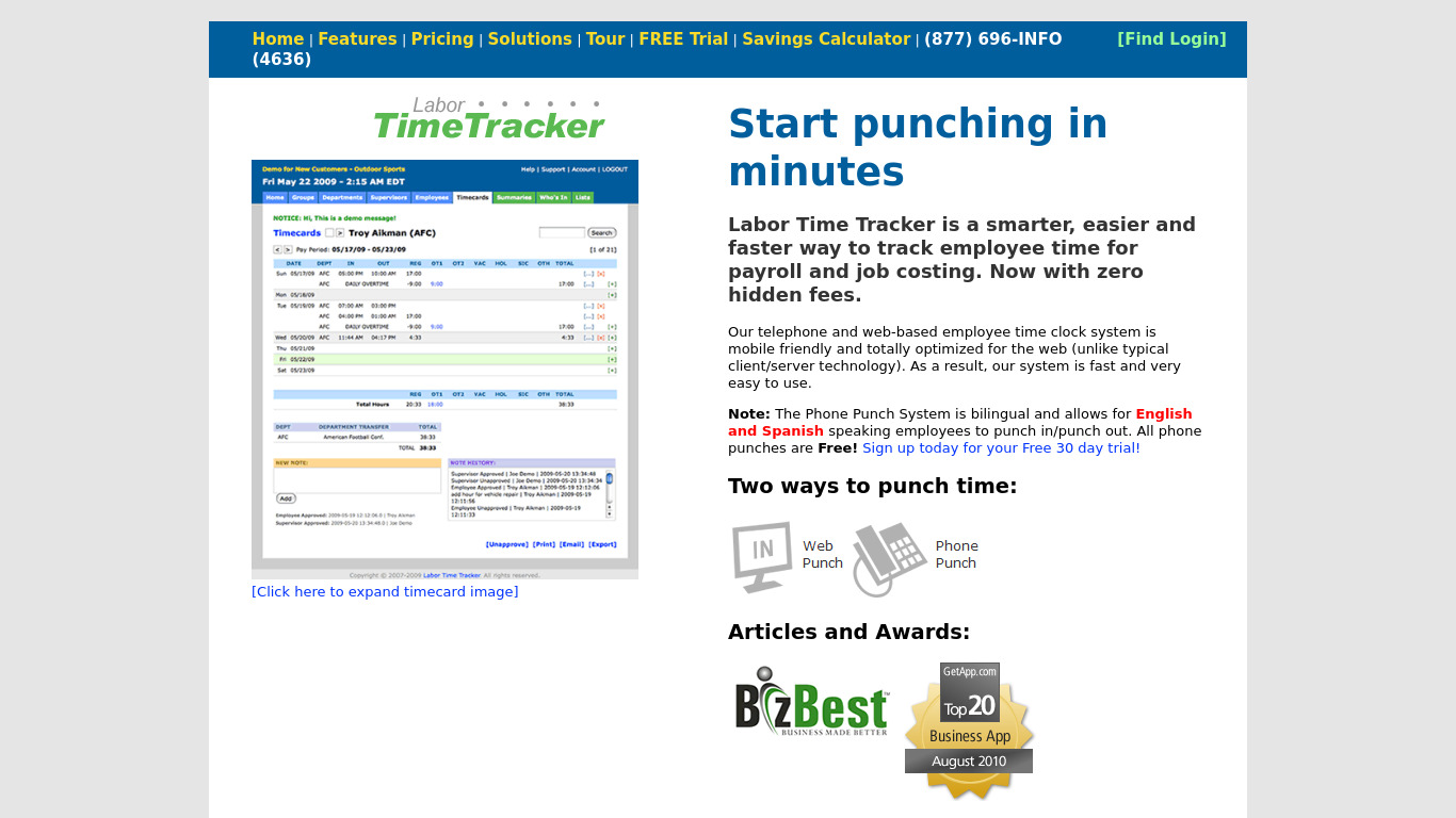 Labor Time Tracker Landing page