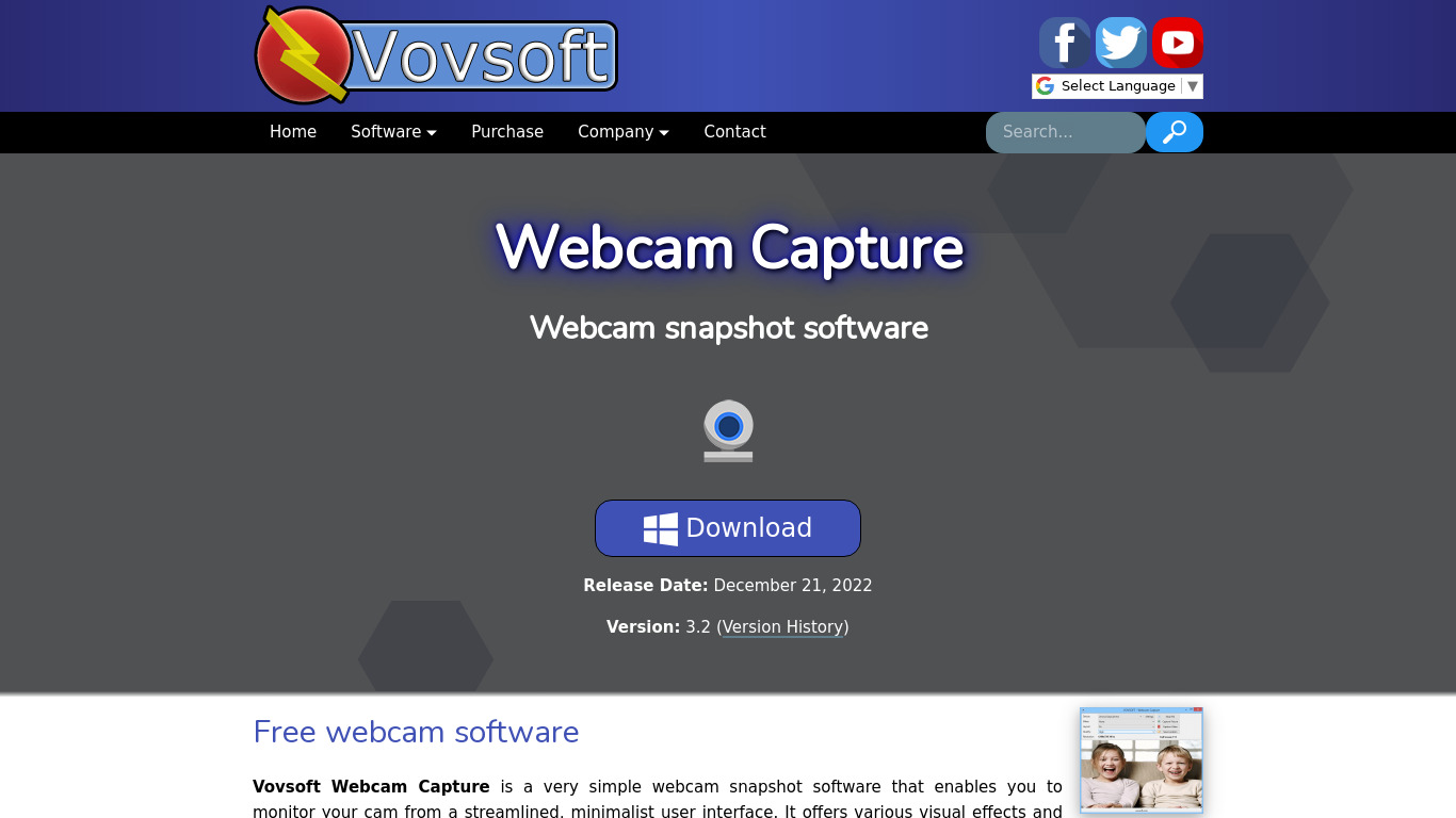VOVSOFT Webcam Capture Landing page