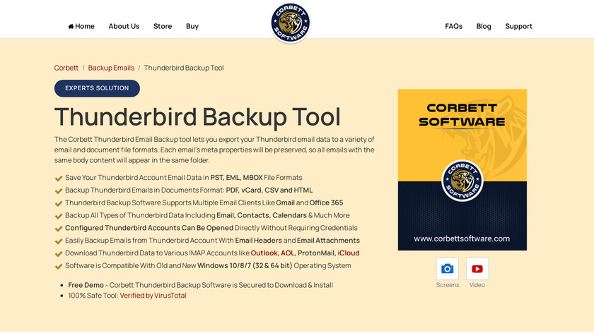 Corbett Thunderbird Backup Tool Landing Page