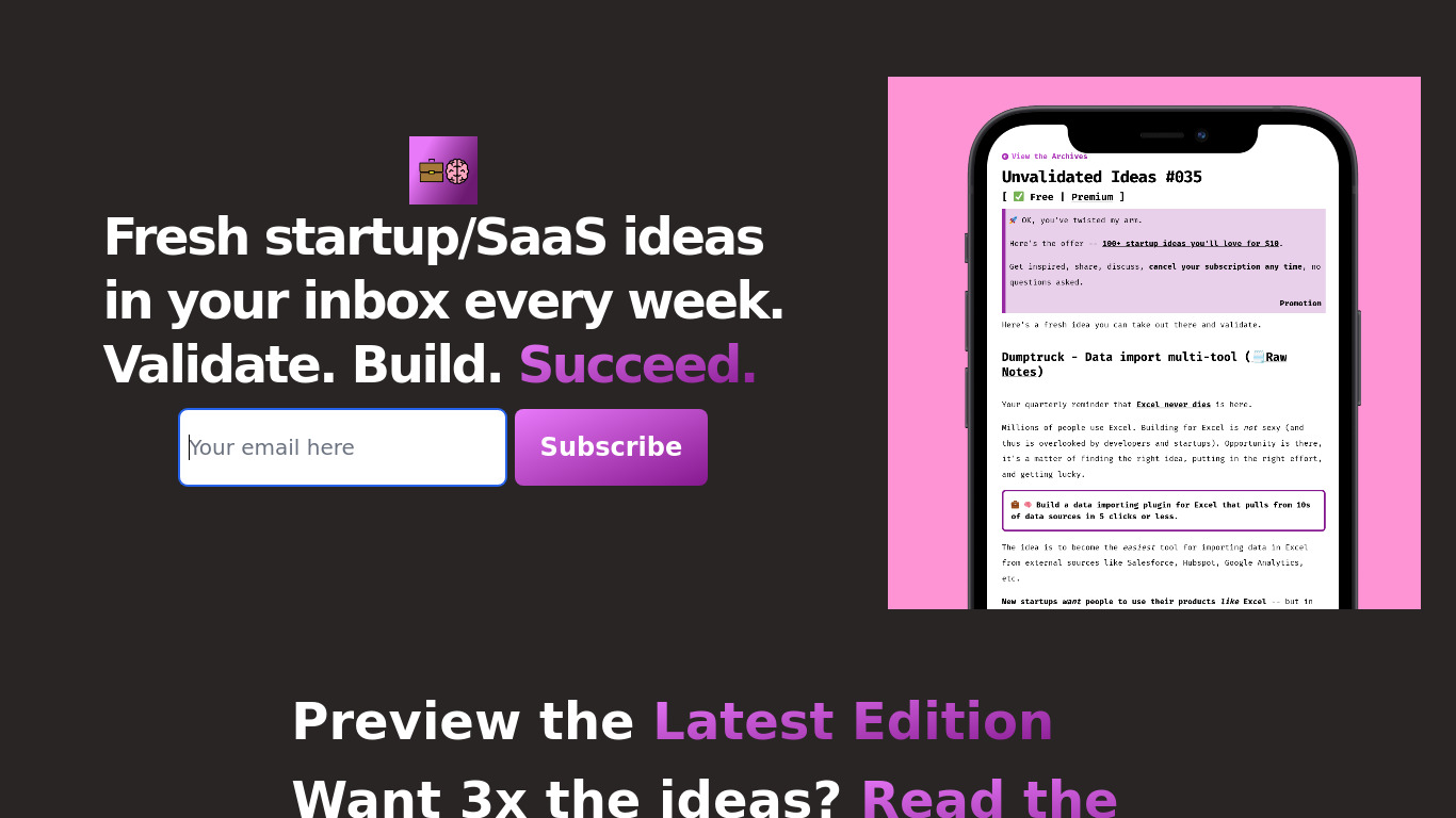 Unvalidated Startup/SaaS Ideas Landing page