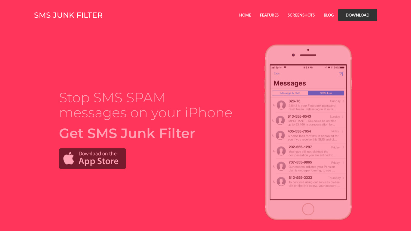 SMS Junk Filter Landing page