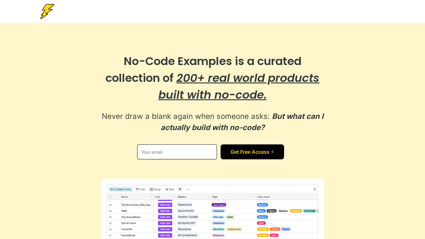 No-Code Examples Landing page