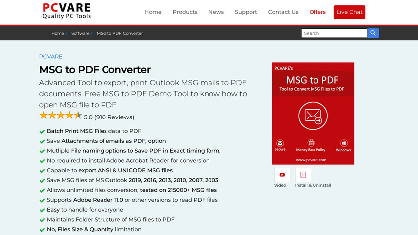 PCVARE MSG to PDF Converter Landing Page