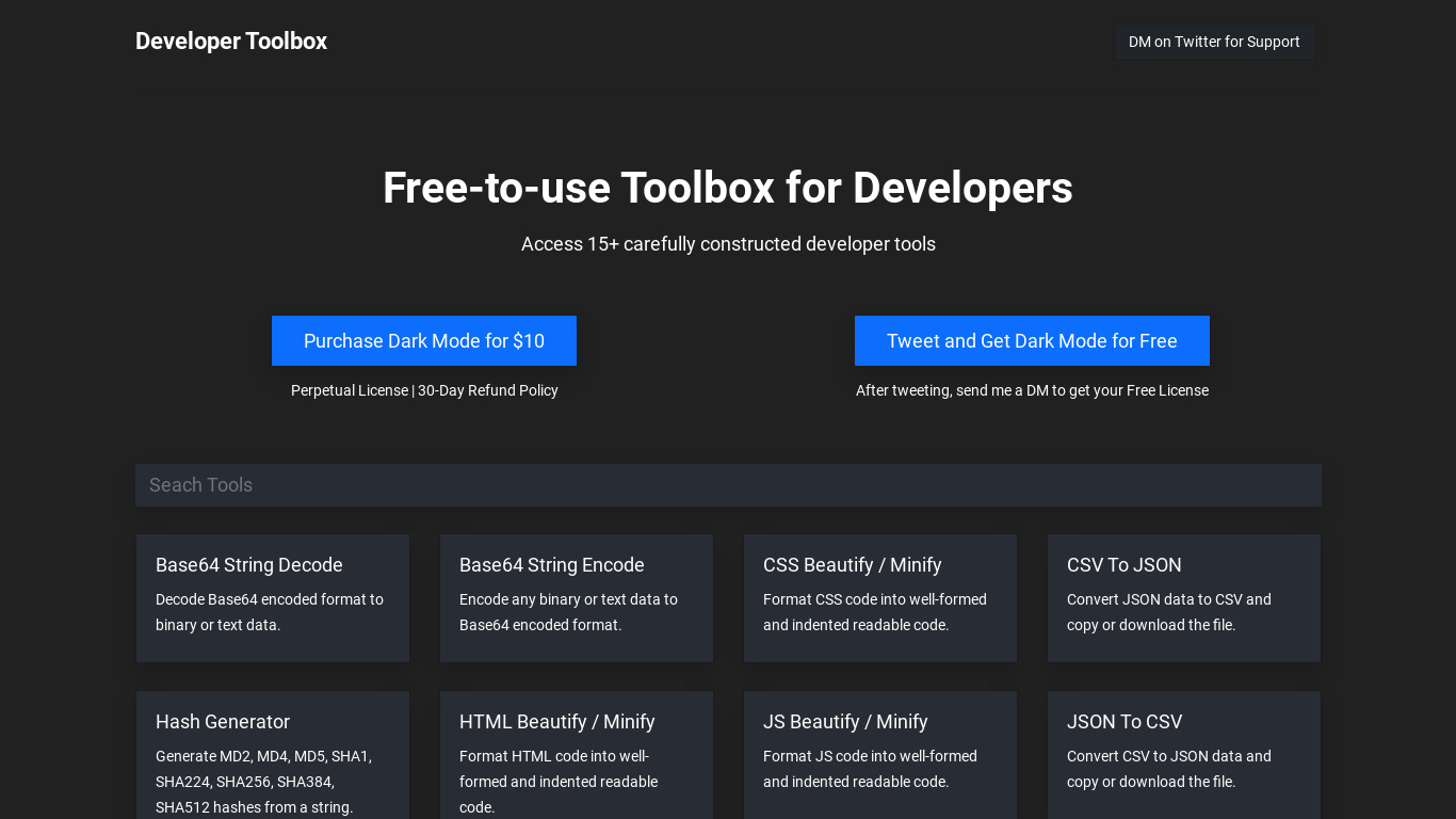 Developer Toolbox Landing page