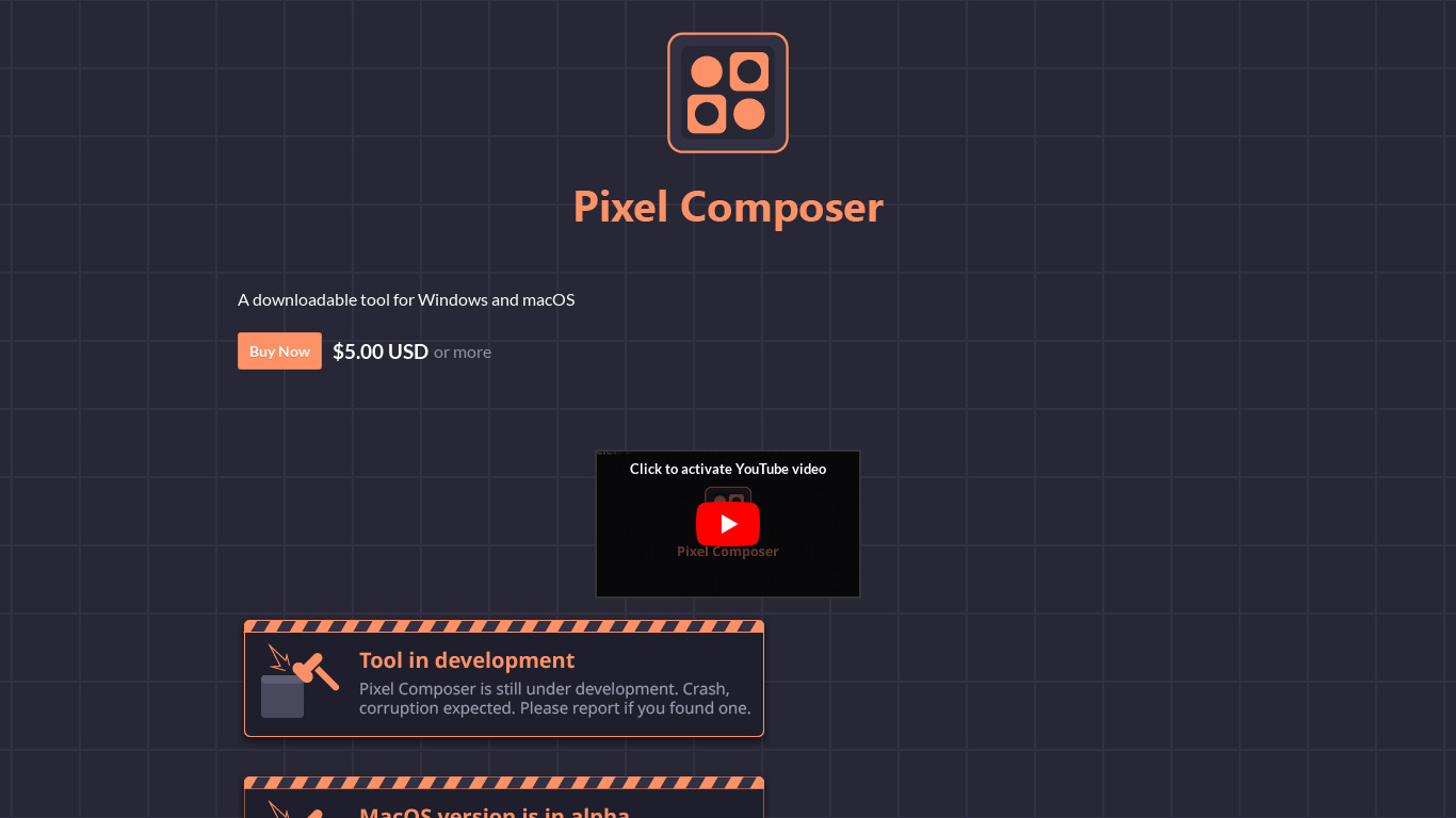 Pixels Composer Landing page