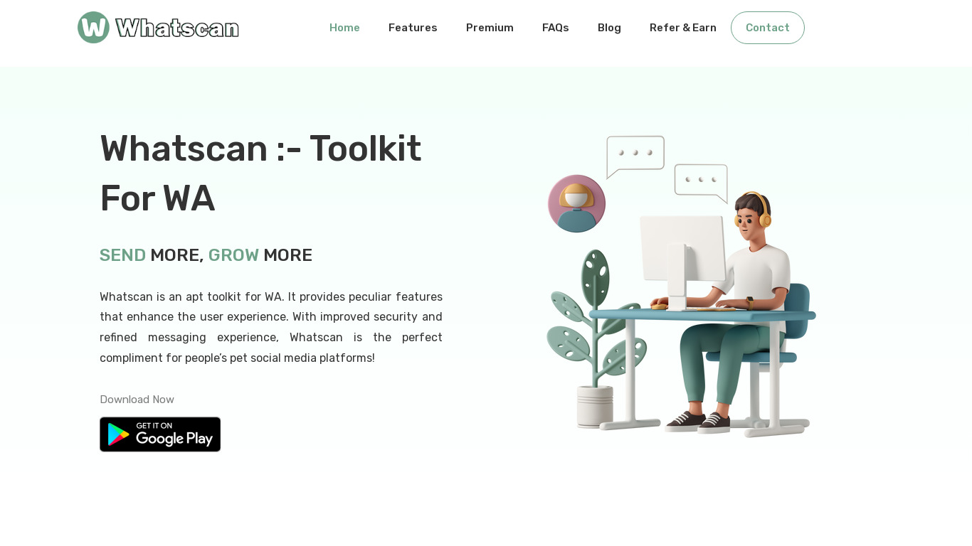 Whatscan :- Toolkit For WA Landing page