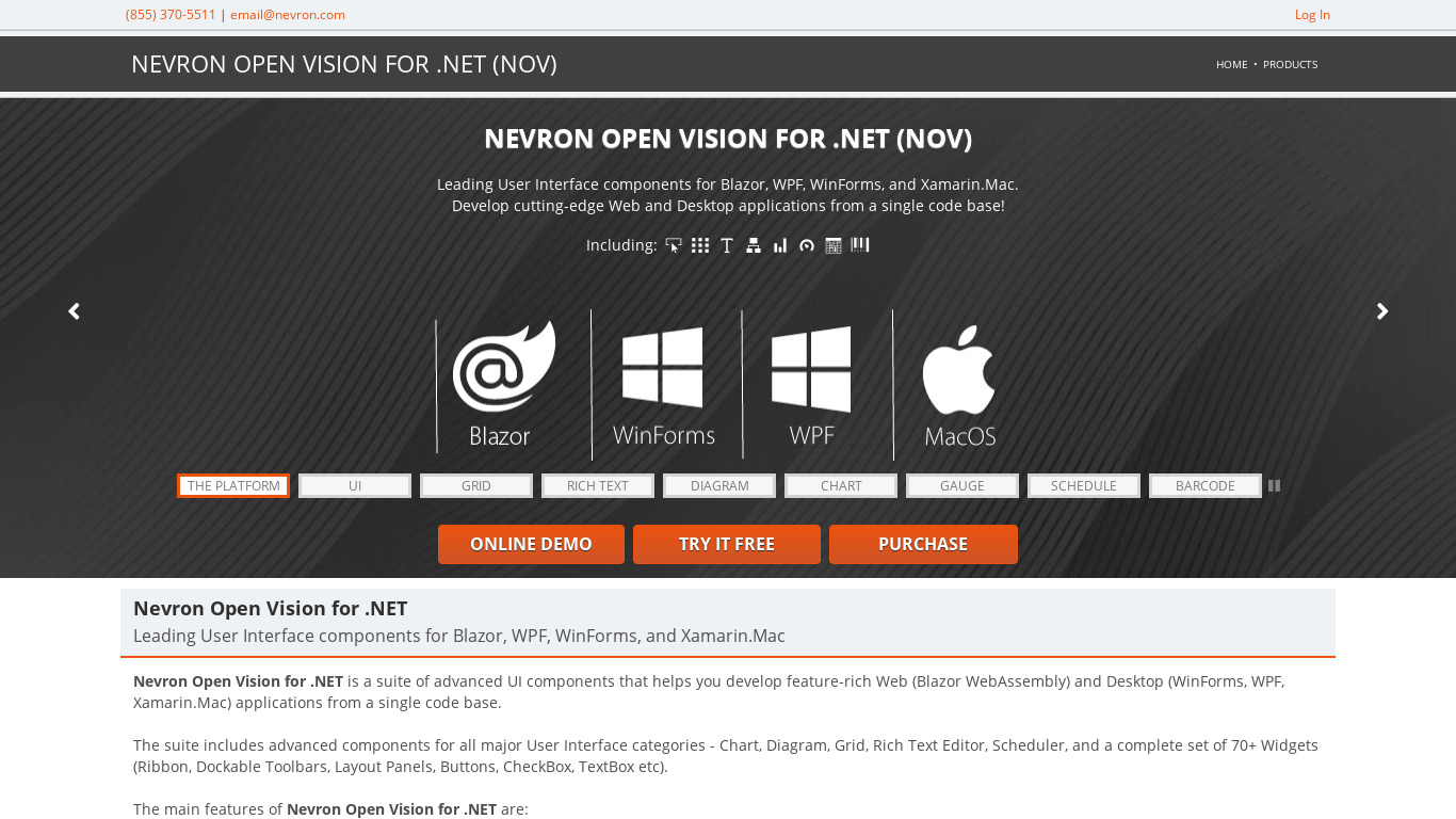 Nevron Open Vision for .NET Landing page