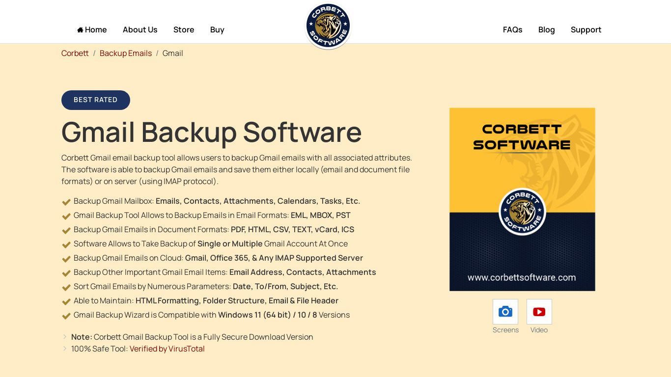 Corbett Gmail Backup Wizard Landing page