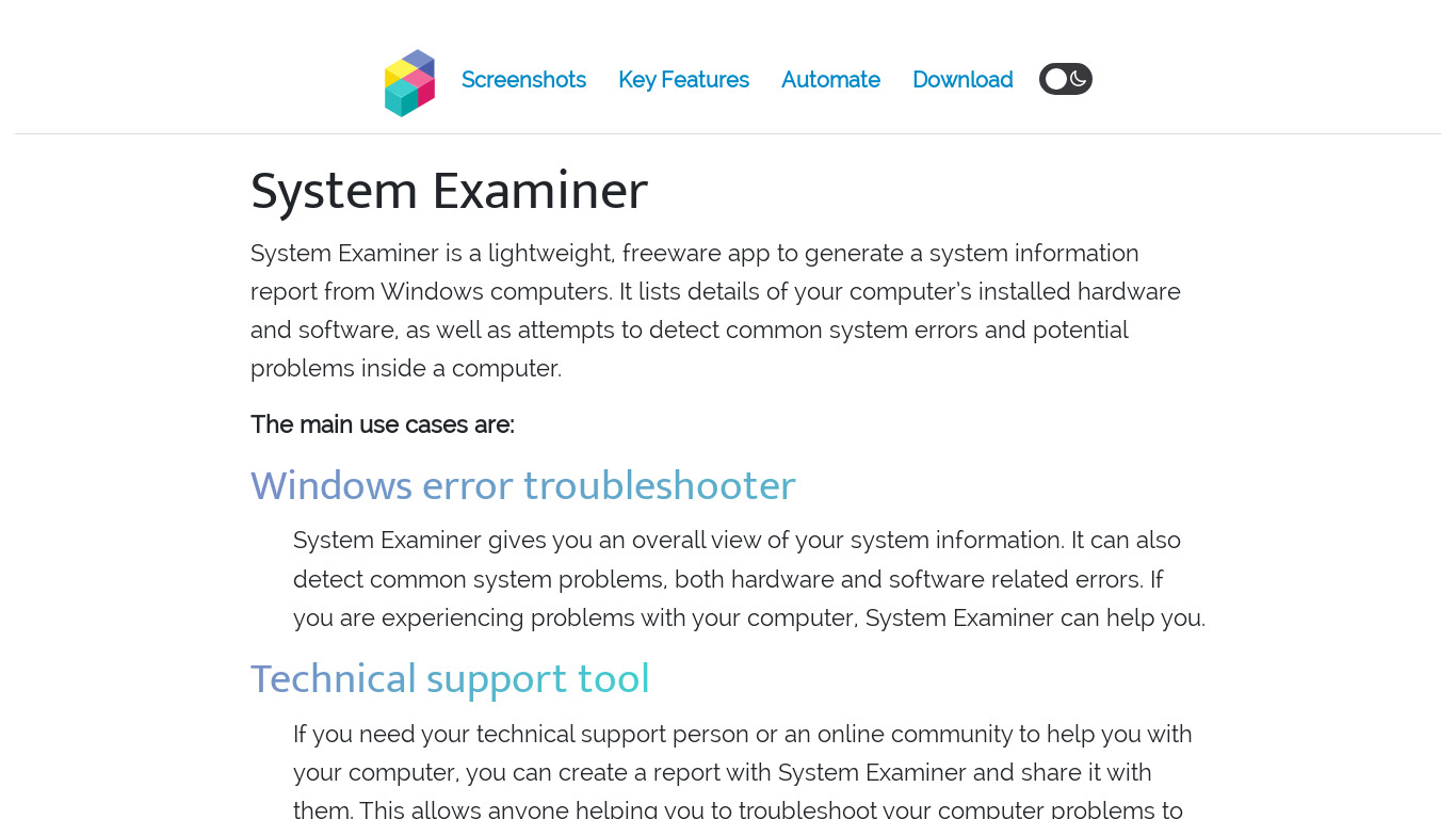 System Examiner Landing page