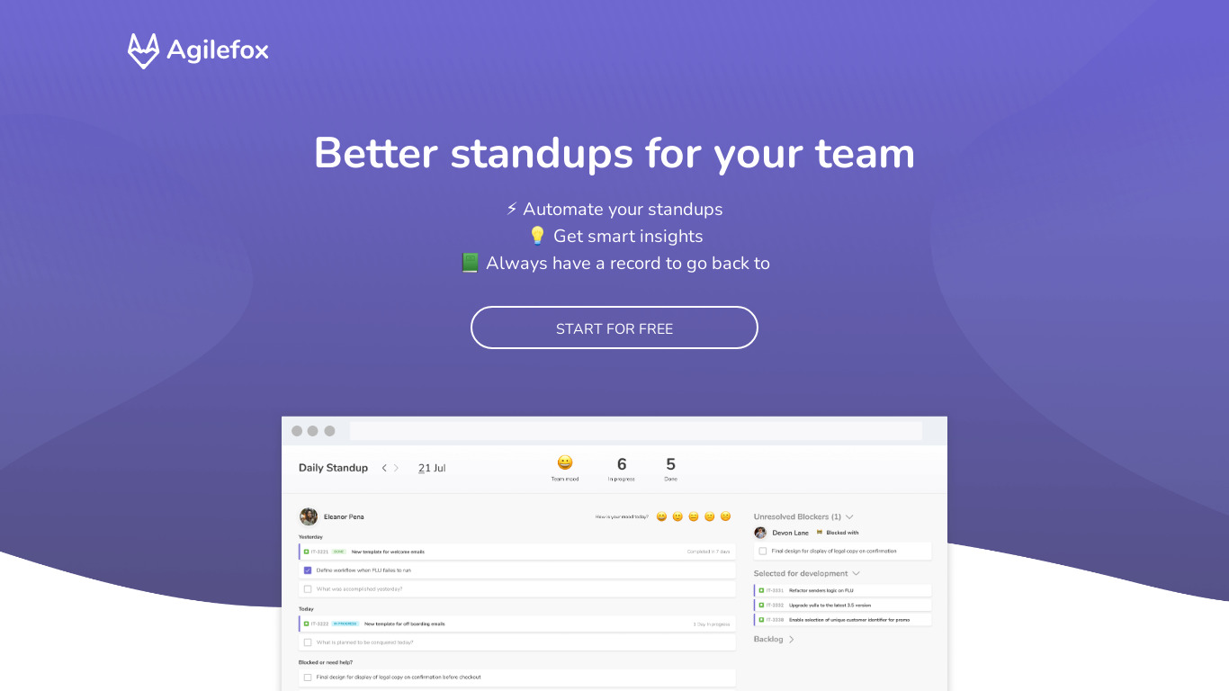 Agilefox Standups for Jira Landing page