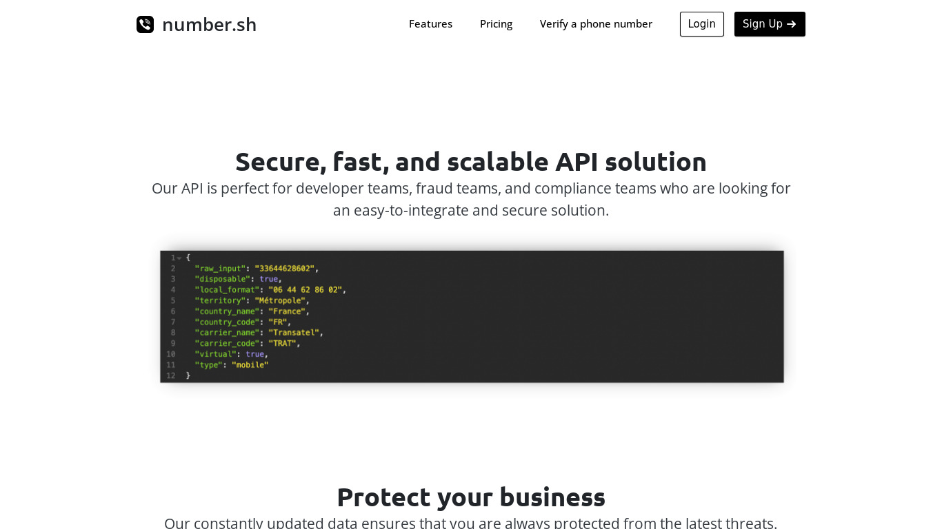 Number.sh Landing page
