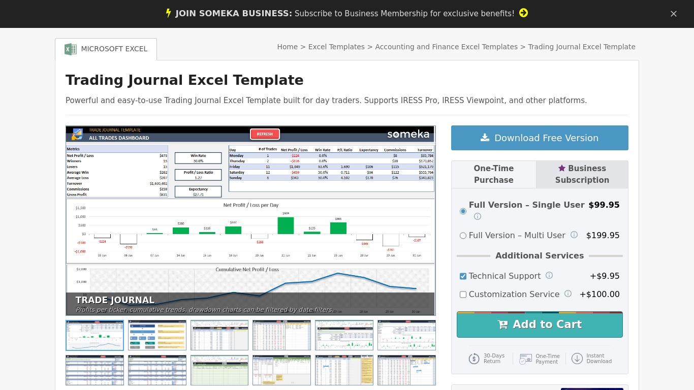 Someka Trading Journal Excel Template Landing page