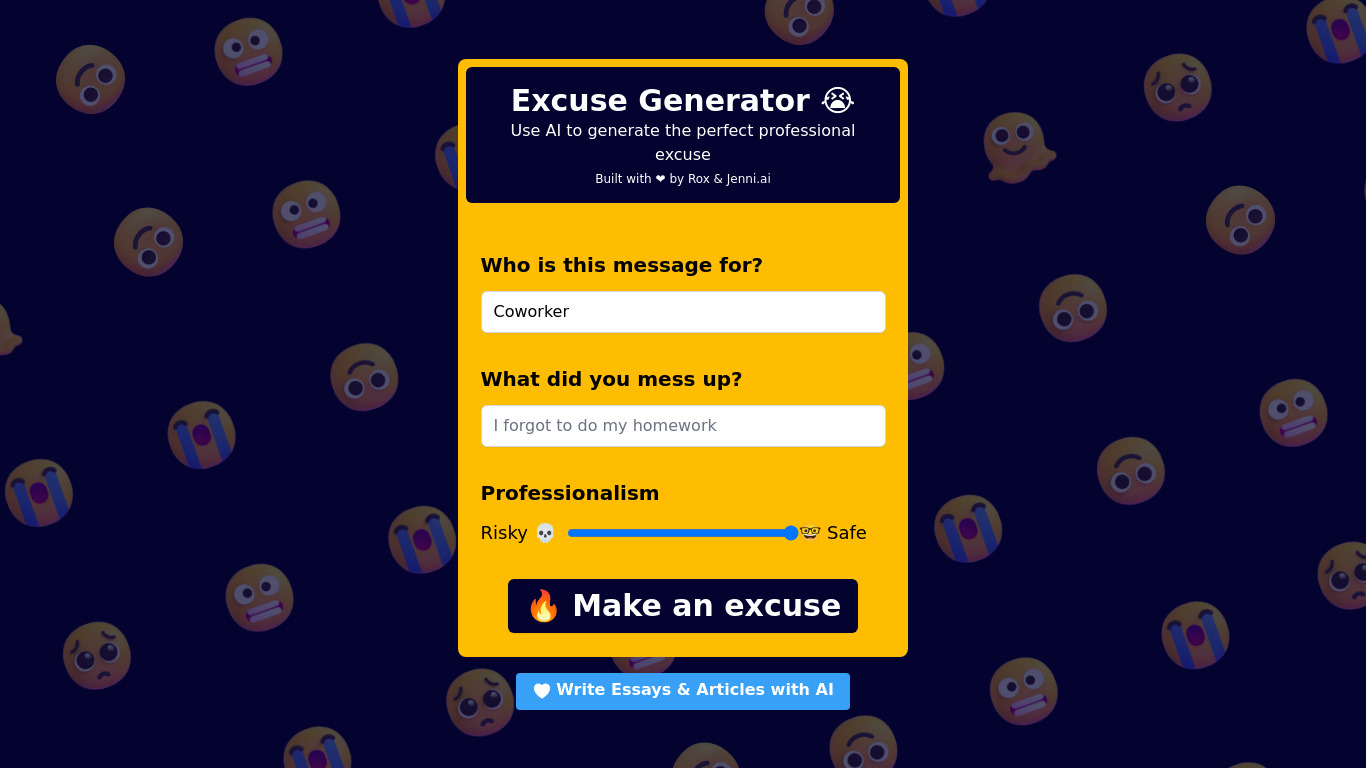 Excuses.ai Landing page