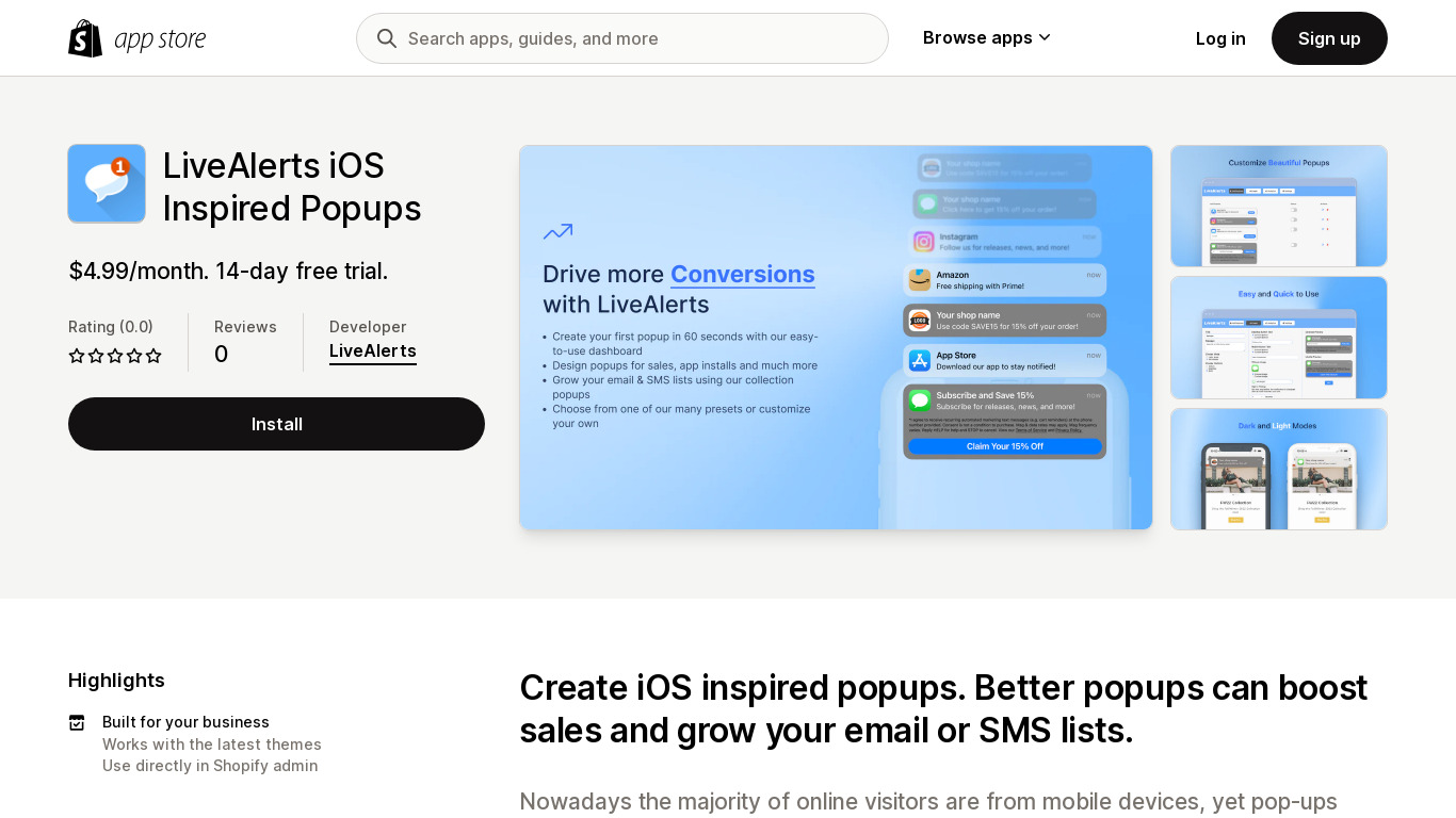LiveAlerts Shopify App Landing page