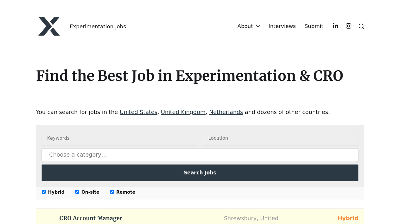 Experimentation Jobs Landing page