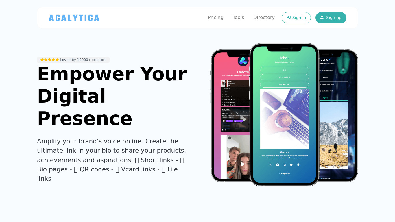 MyLinks On Acalytica Landing page