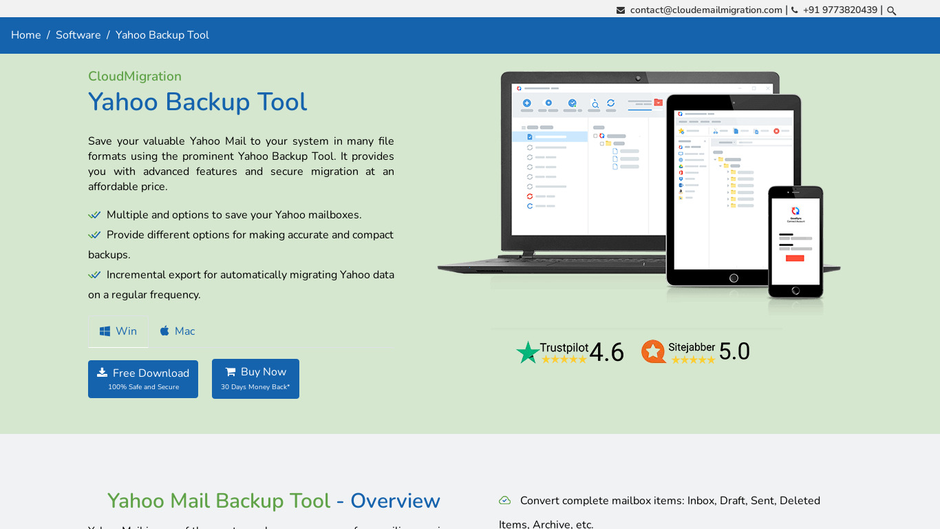 CloudMigration Yahoo Backup Tool Landing page