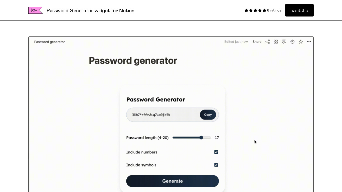 Password Generator widget for Notion Landing page