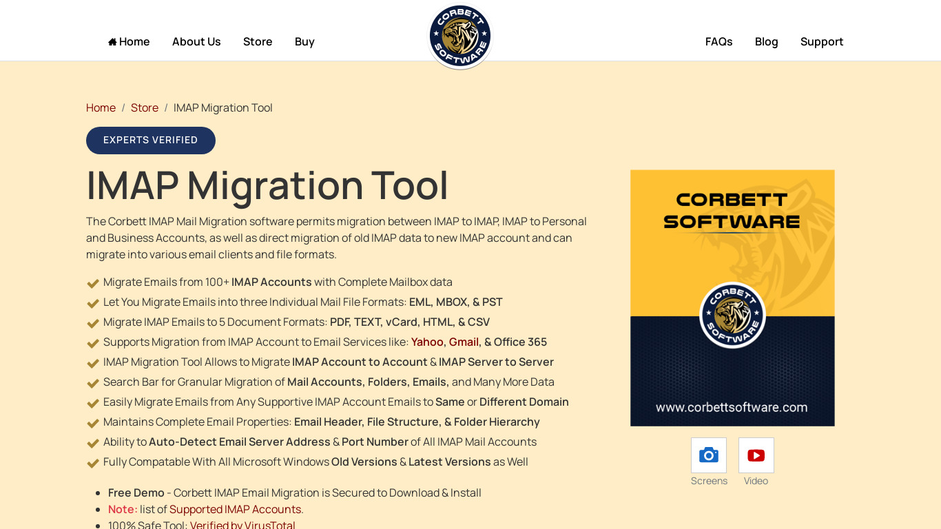 Corbett IMAP Mail Migration Tool Landing page