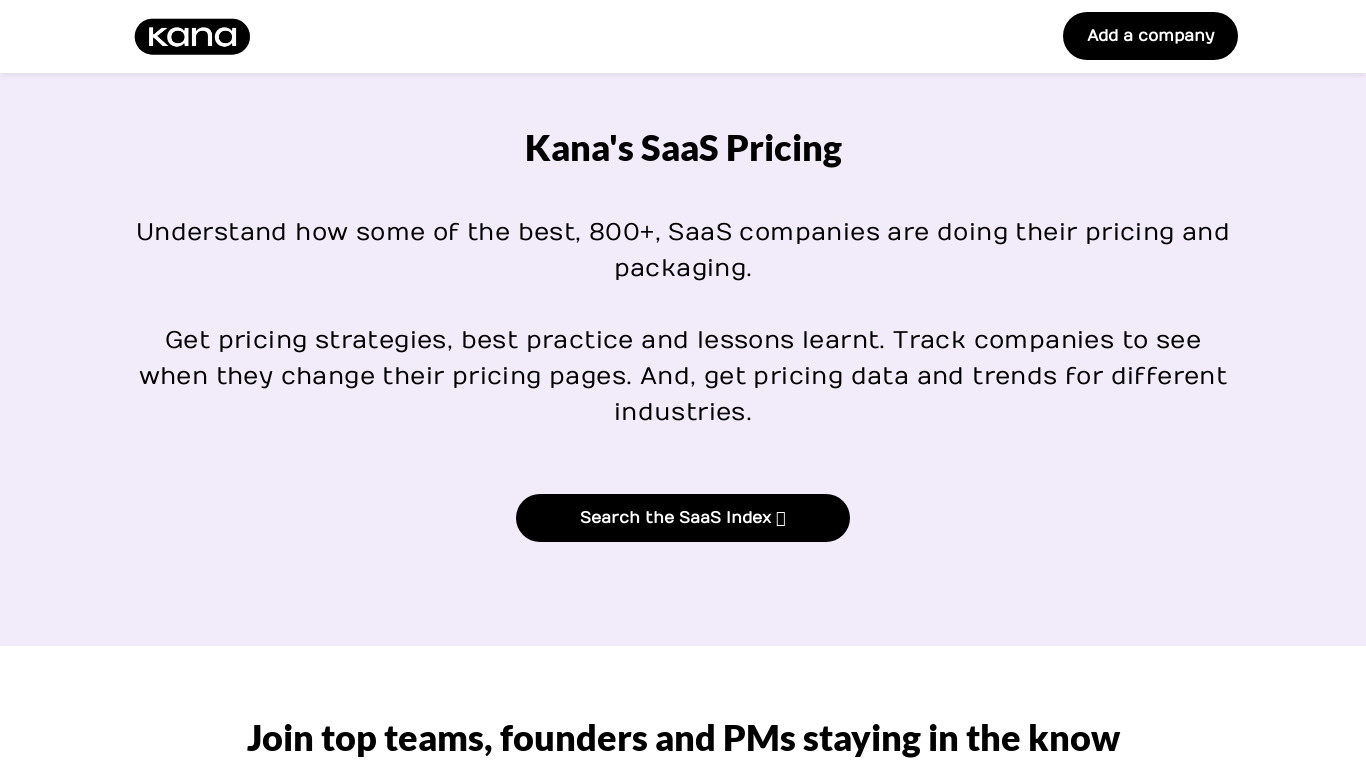 SaaS Pricing Index by Kana Landing page
