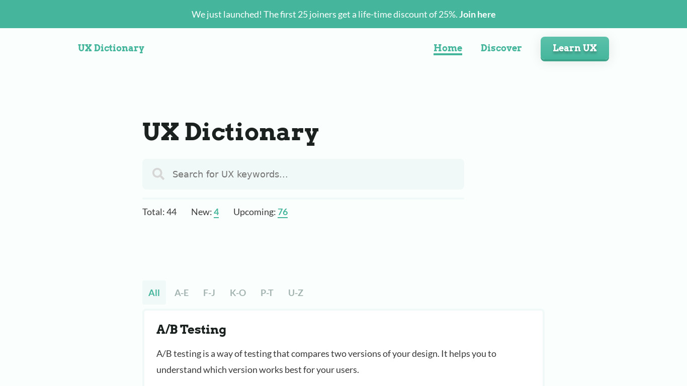 UX Dictionary Landing page