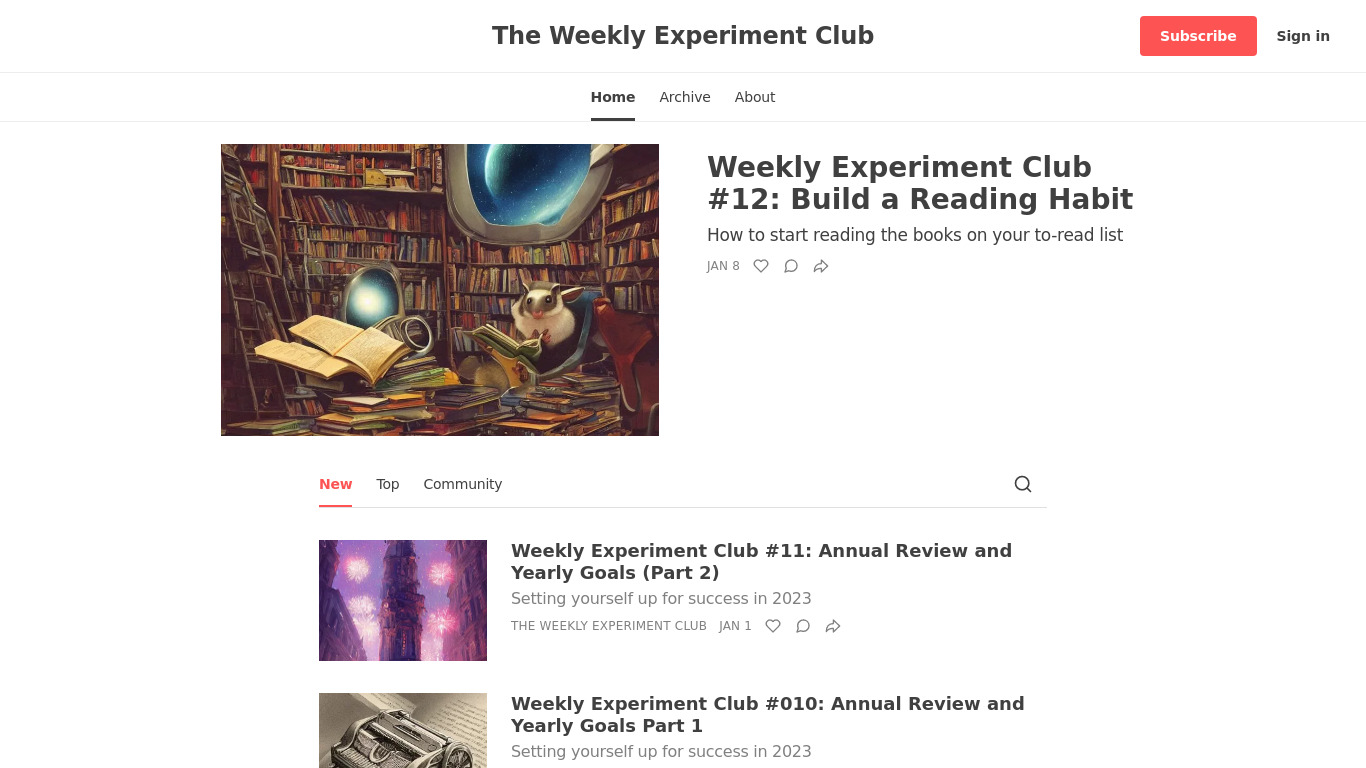 The Weekly Experiment Club (Newsletter) Landing page