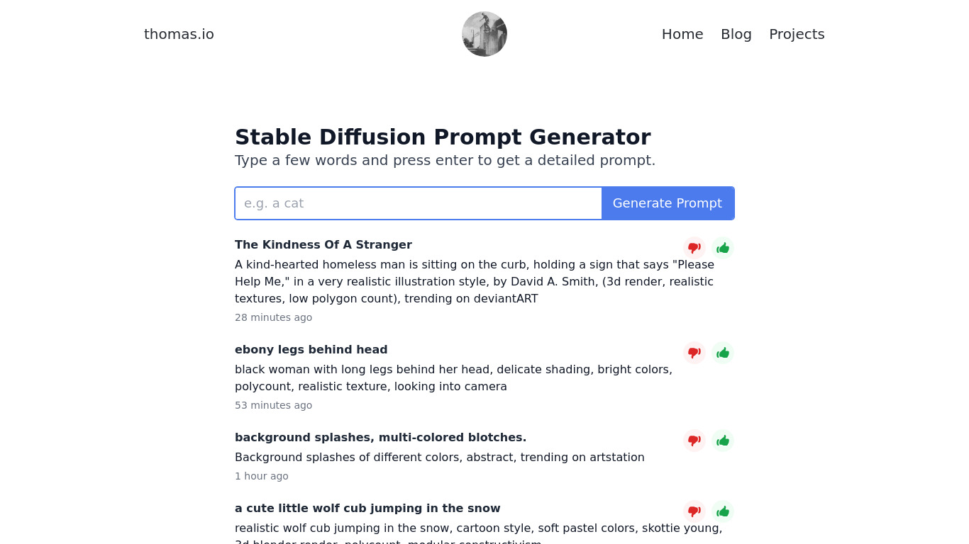 Stable Diffusion Prompt Generator Landing page