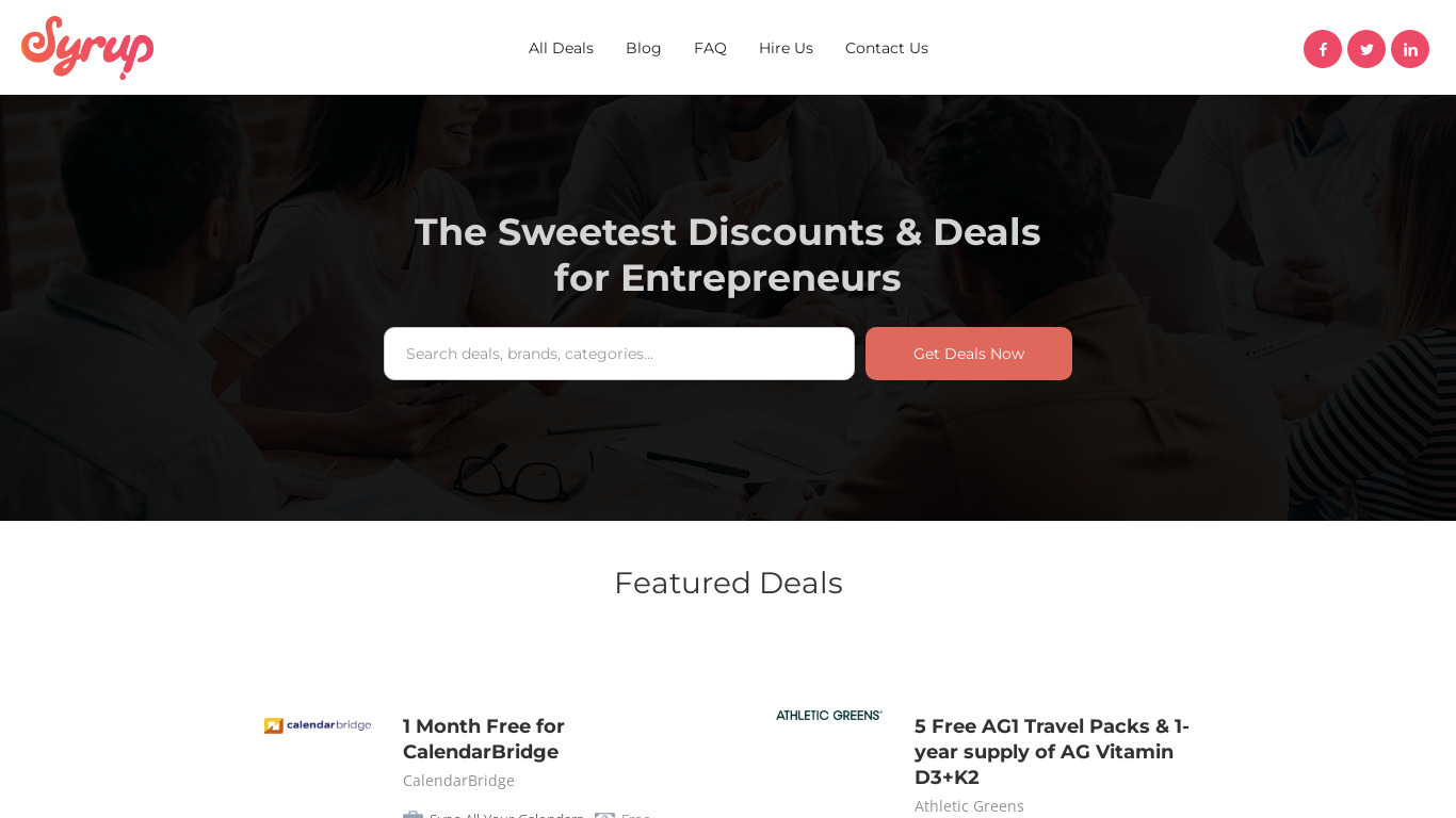 Syrup Startup Deals Landing page