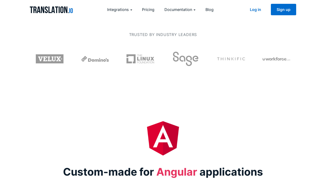 Translation.io for Angular Landing page