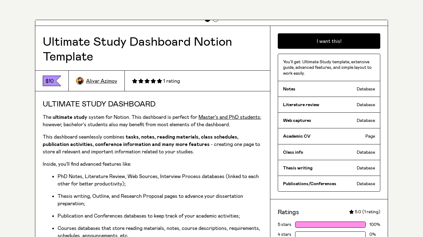 Ultimate Study Dashboard for Notion Landing page