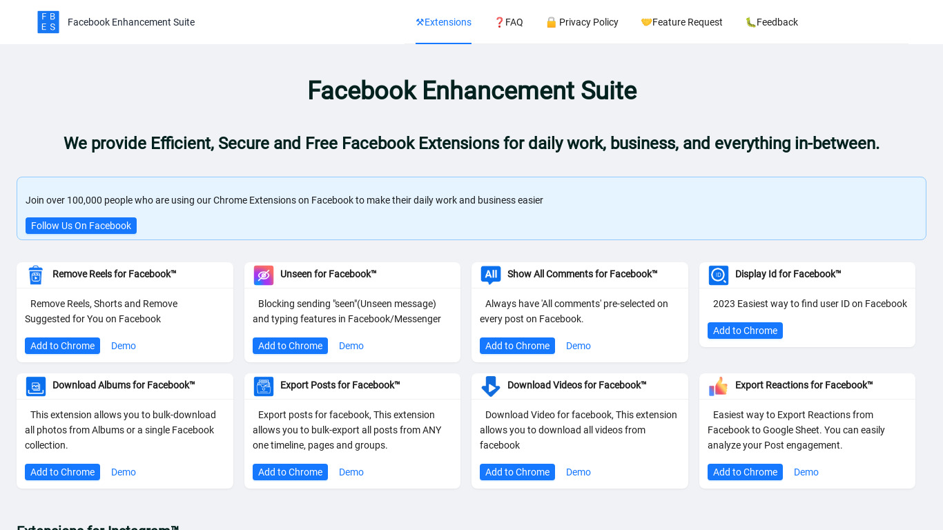 Facebook Enhancement Suite Landing page
