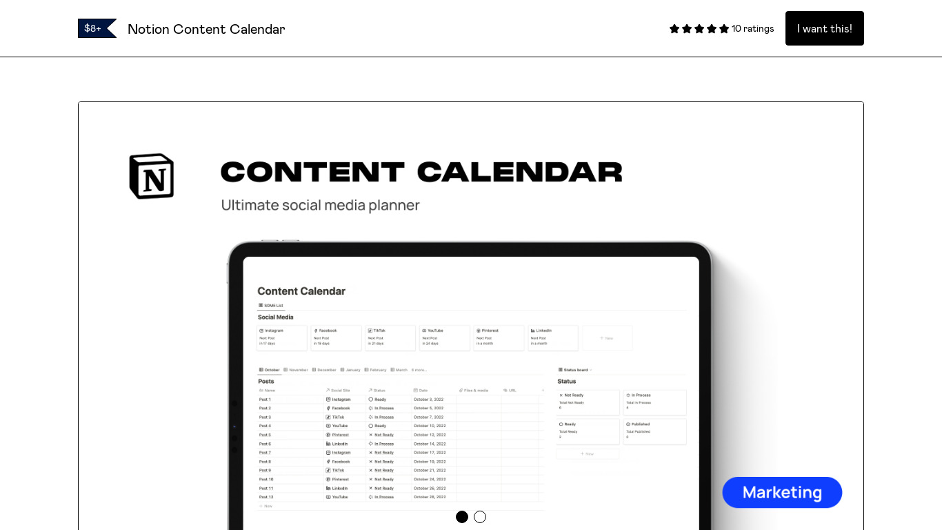 Notion Content Calendar Landing page