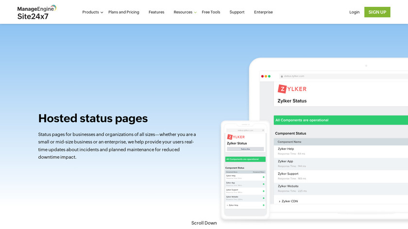 Site24x7 StatusIQ Landing Page
