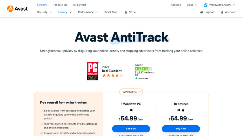 Avast AntiTrack Landing Page