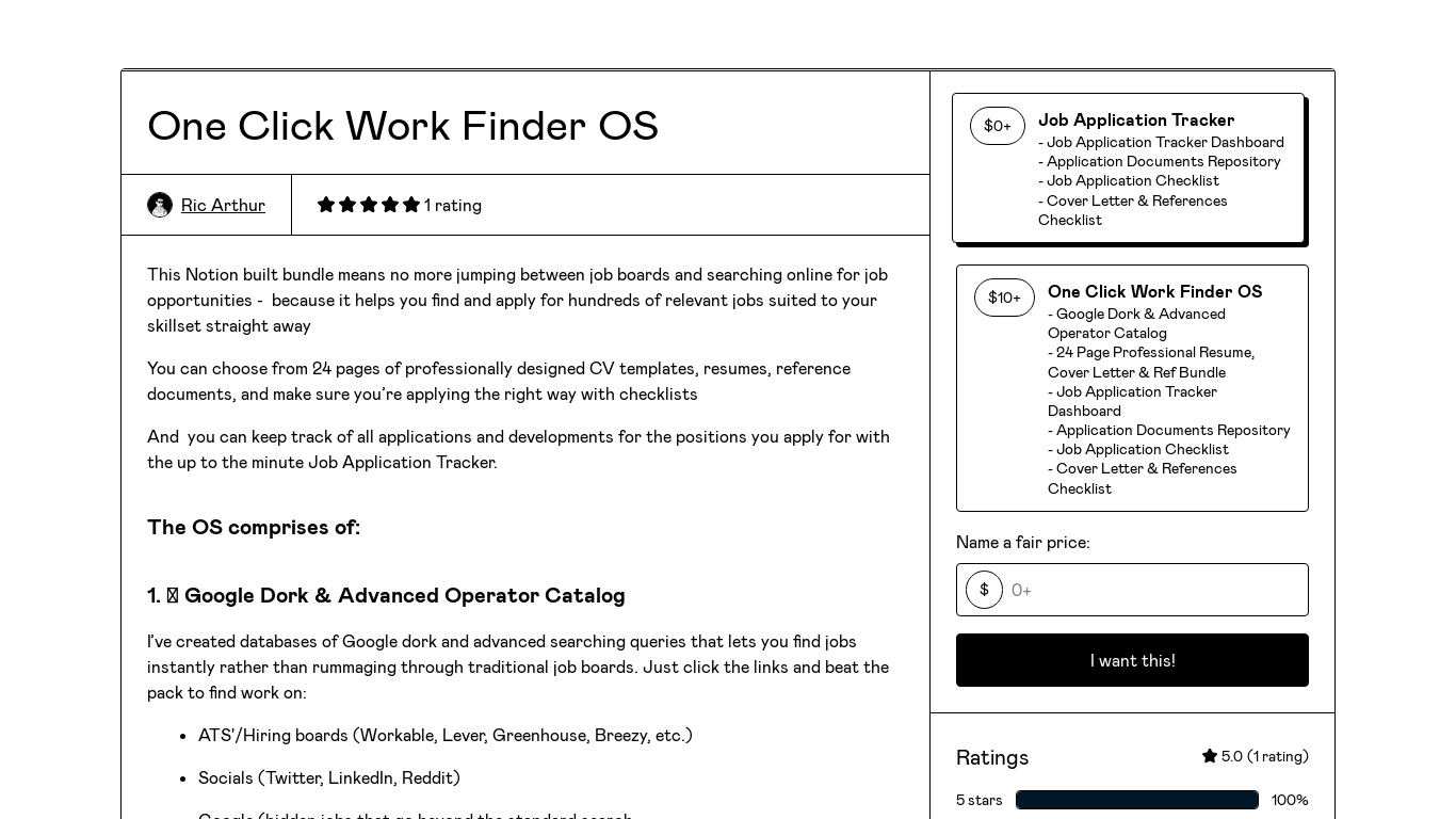One Click Work Finder OS Landing page