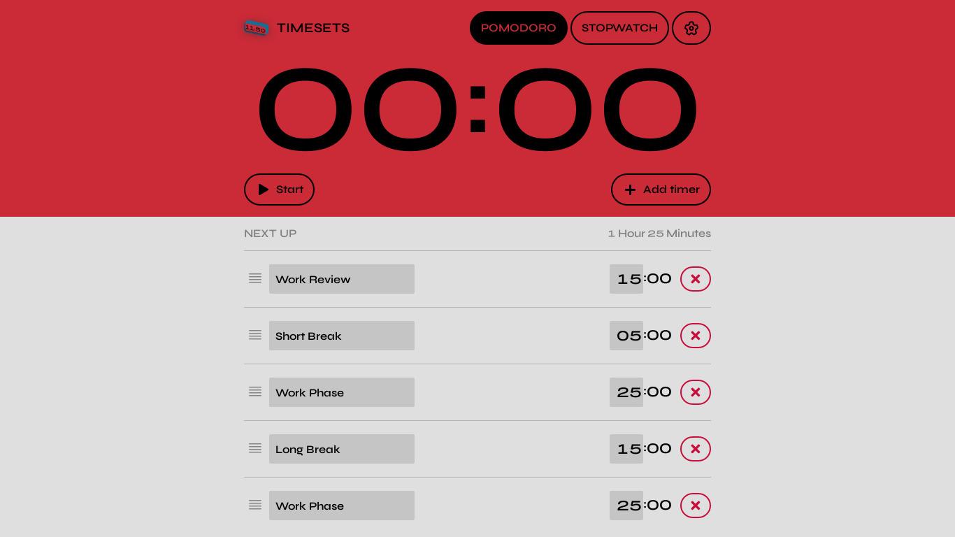 Timesets: Pomodoro timers and stopwatch Landing page